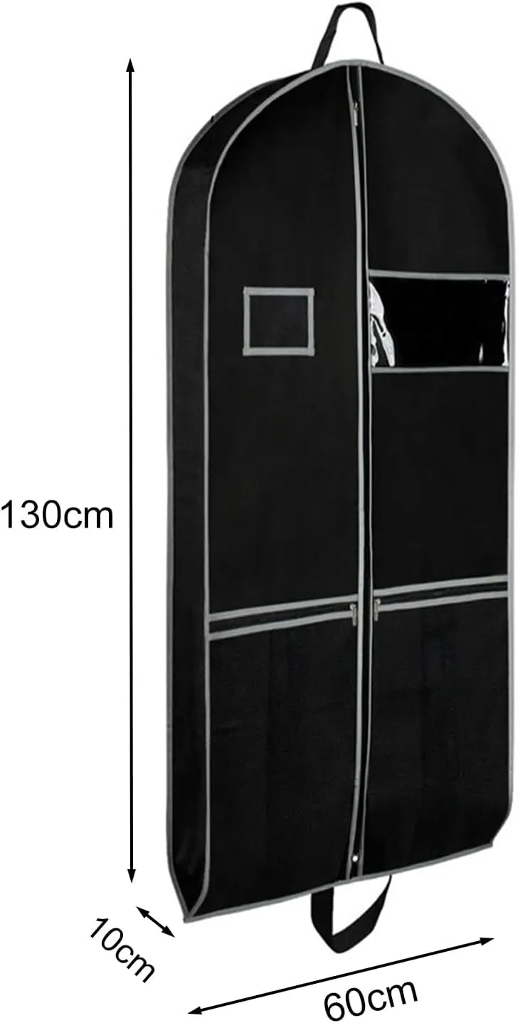 Grebest Travel Garment Bag Hanging Non-woven Fabric Clothing Dust Cover Heavy-duty with Pockets Clear Window Waterproof Label Foldable Dust-proof Black L