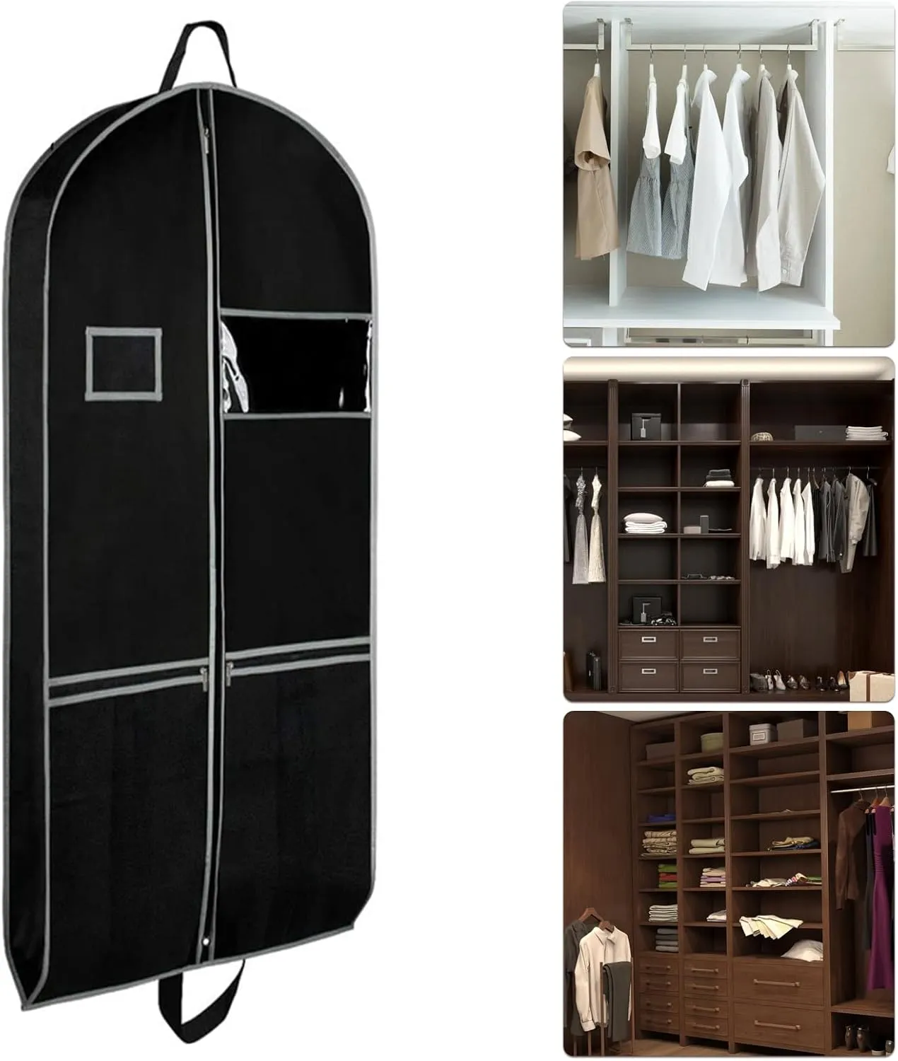 Grebest Travel Garment Bag Hanging Non-woven Fabric Clothing Dust Cover Heavy-duty with Pockets Clear Window Waterproof Label Foldable Dust-proof Black L