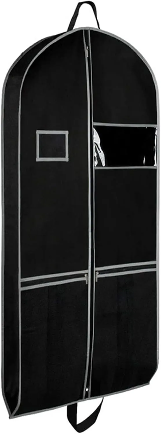 Grebest Travel Garment Bag Hanging Non-woven Fabric Clothing Dust Cover Heavy-duty with Pockets Clear Window Waterproof Label Foldable Dust-proof Black L