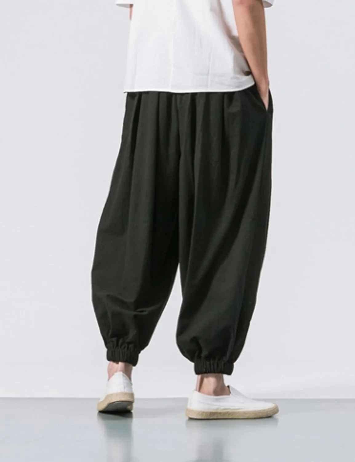 HangNiFang Men's Summer Cotton Linen Drawstring Harem Pants Loose Bloomers Beach Pants