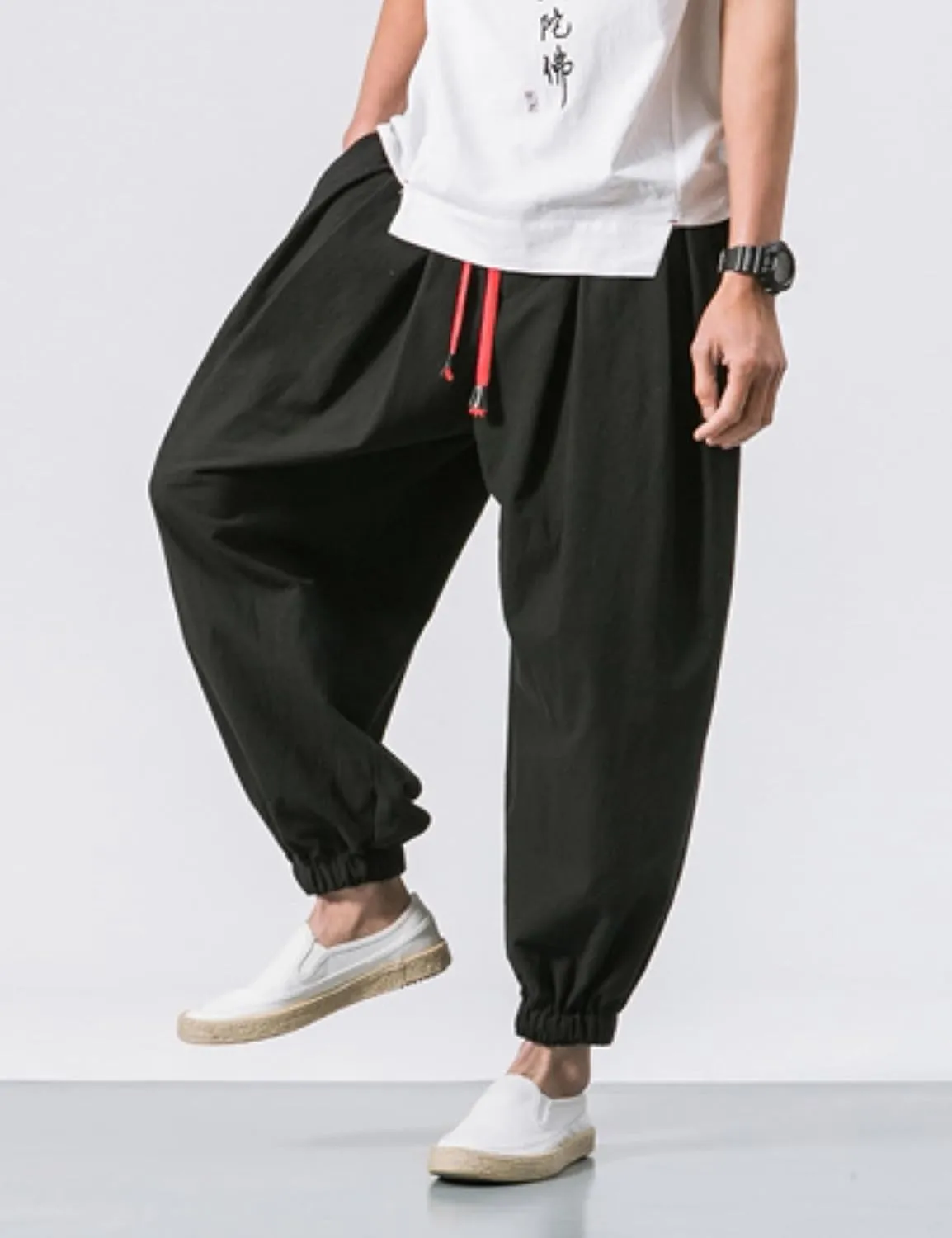 HangNiFang Men's Summer Cotton Linen Drawstring Harem Pants Loose Bloomers Beach Pants