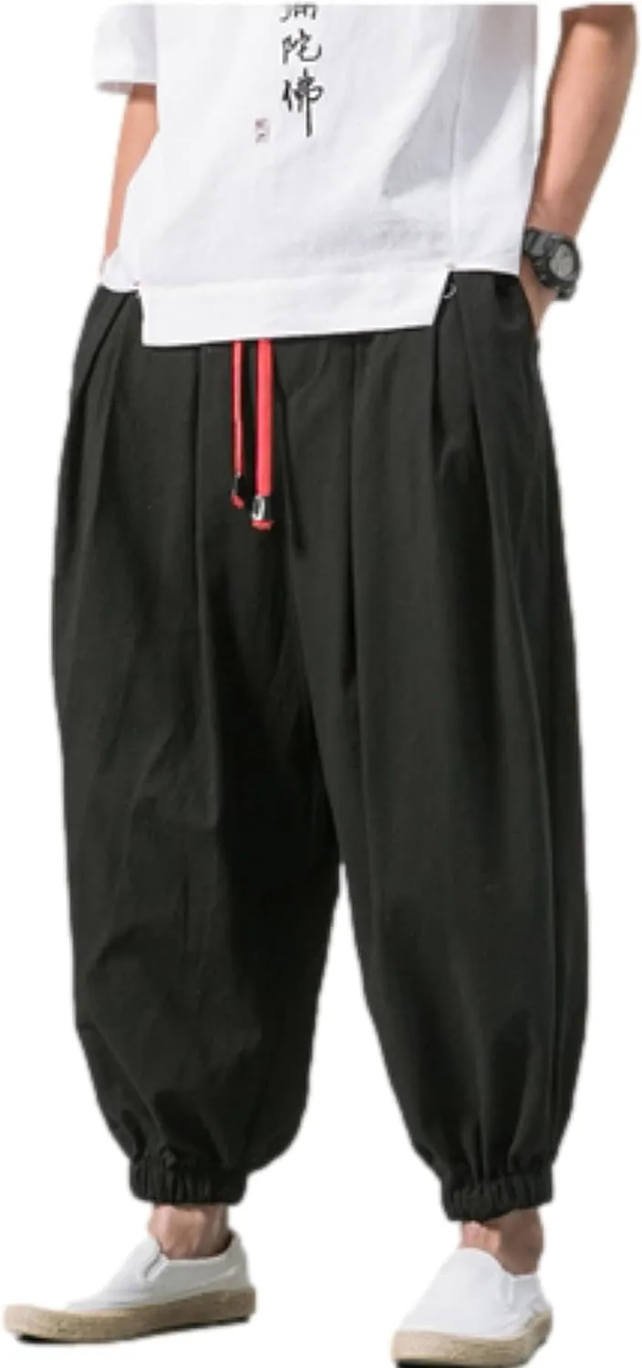 HangNiFang Men's Summer Cotton Linen Drawstring Harem Pants Loose Bloomers Beach Pants
