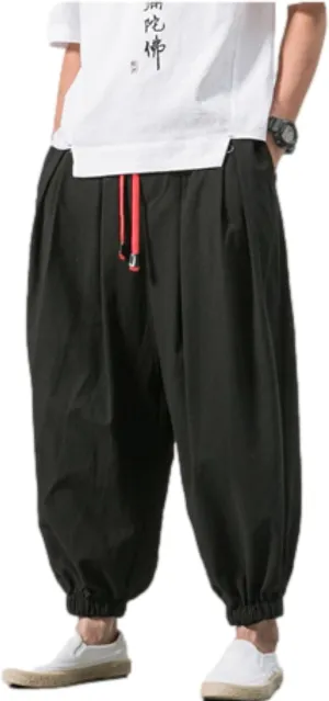 HangNiFang Men's Summer Cotton Linen Drawstring Harem Pants Loose Bloomers Beach Pants