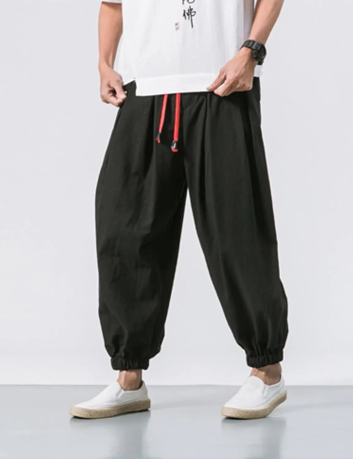 HangNiFang Men's Summer Cotton Linen Drawstring Harem Pants Loose Bloomers Beach Pants