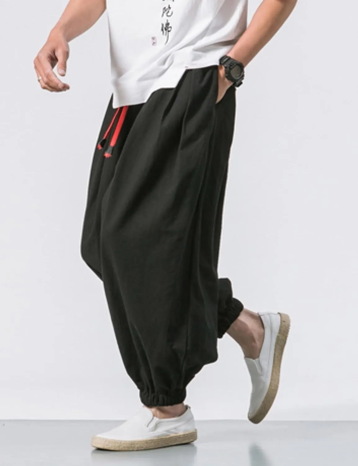 HangNiFang Men's Summer Cotton Linen Drawstring Harem Pants Loose Bloomers Beach Pants