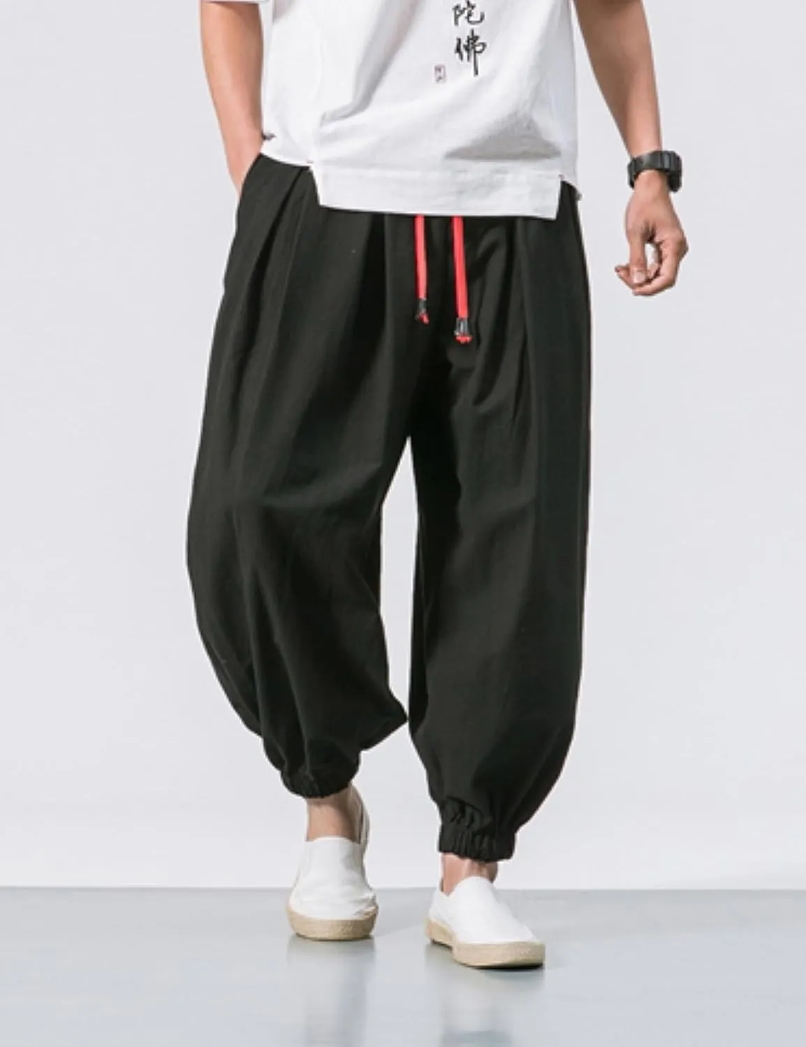 HangNiFang Men's Summer Cotton Linen Drawstring Harem Pants Loose Bloomers Beach Pants