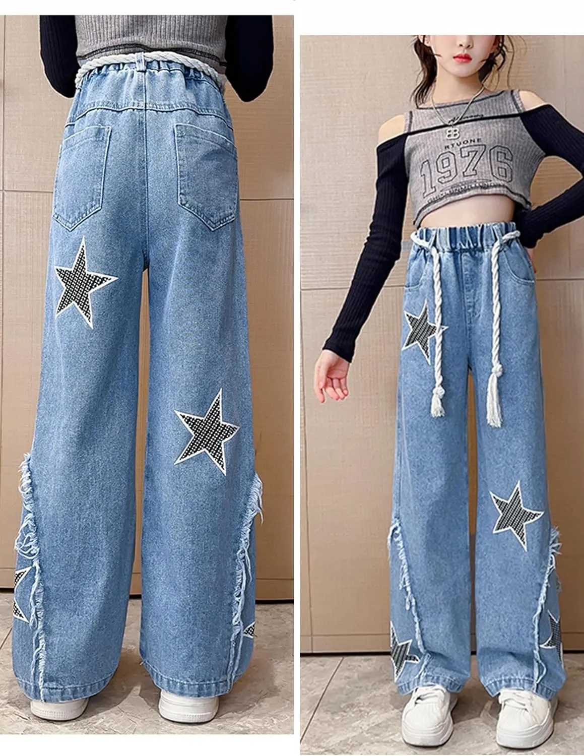 Happy Cherry Girls Jeans Straight Wide Leg Flare Denim Pants for All Seasons 5-15 Y
