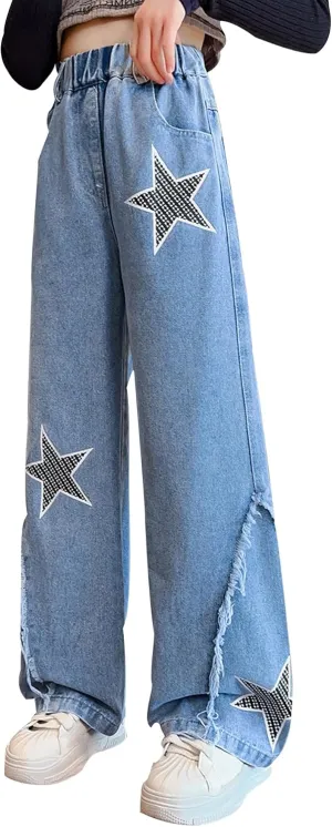 Happy Cherry Girls Jeans Straight Wide Leg Flare Denim Pants for All Seasons 5-15 Y