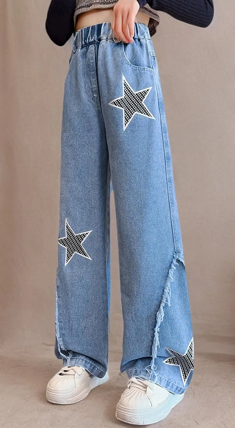 Happy Cherry Girls Jeans Straight Wide Leg Flare Denim Pants for All Seasons 5-15 Y