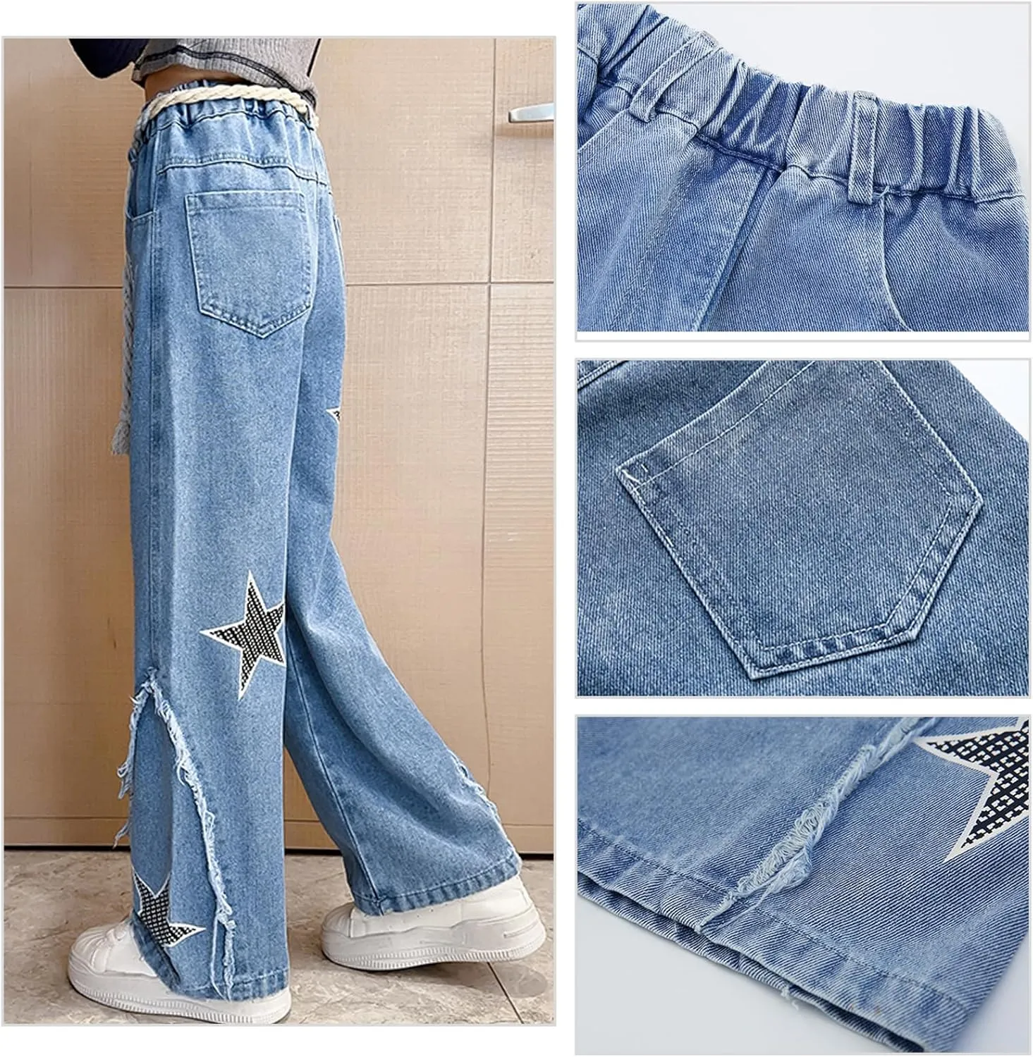 Happy Cherry Girls Jeans Straight Wide Leg Flare Denim Pants for All Seasons 5-15 Y