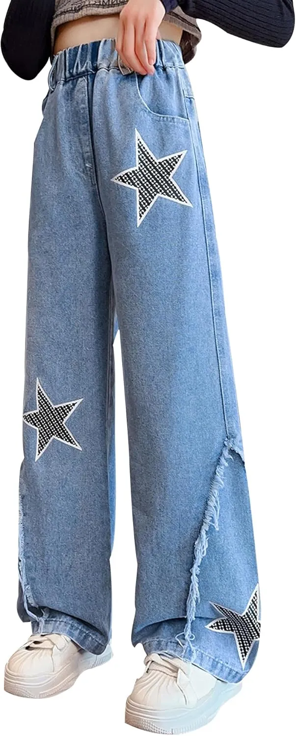 Happy Cherry Girls Jeans Straight Wide Leg Flare Denim Pants for All Seasons 5-15 Y