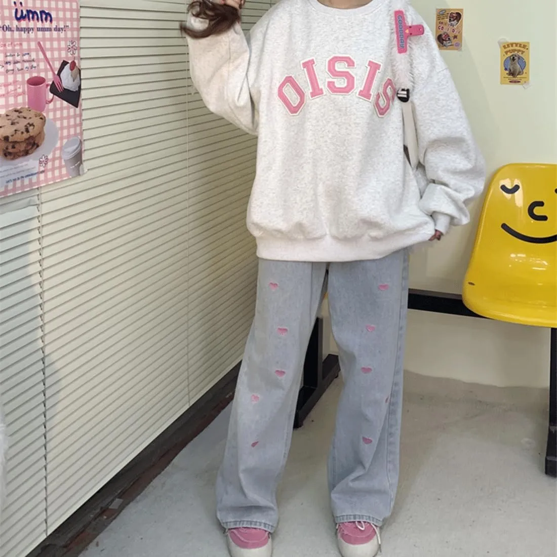 Harajuku Goth Kawaii Aesthetic Casual High Waisted Straight Wide Leg Vintage Pink Heart Embroidery Jean Pants