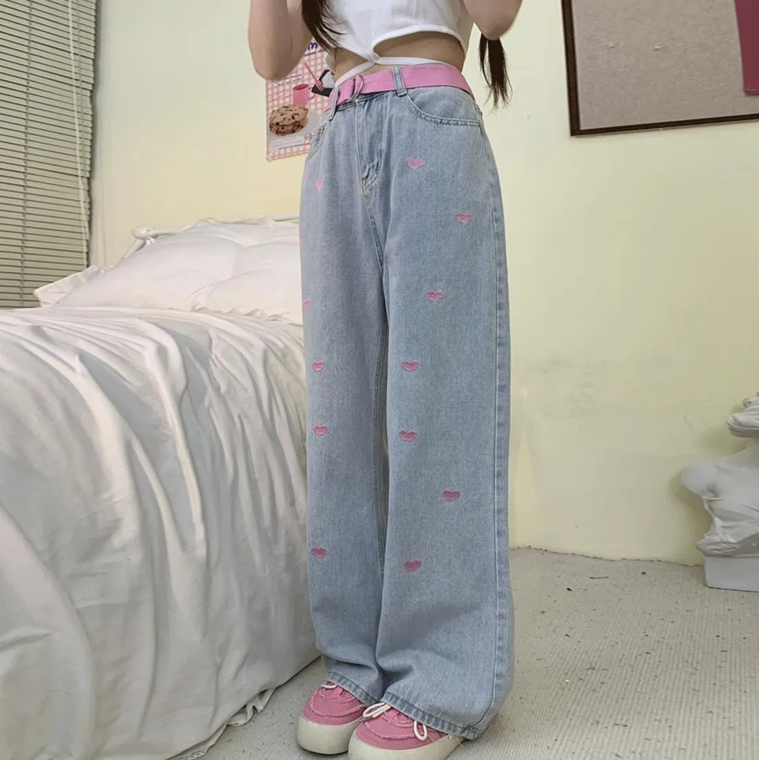 Harajuku Goth Kawaii Aesthetic Casual High Waisted Straight Wide Leg Vintage Pink Heart Embroidery Jean Pants