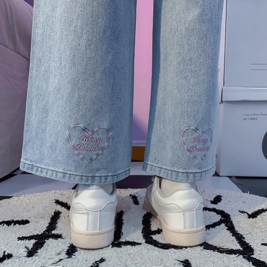 Harajuku Goth Kawaii Aesthetic Casual High Waisted Straight Wide Leg Vintage Pink Heart Embroidery Jean Pants