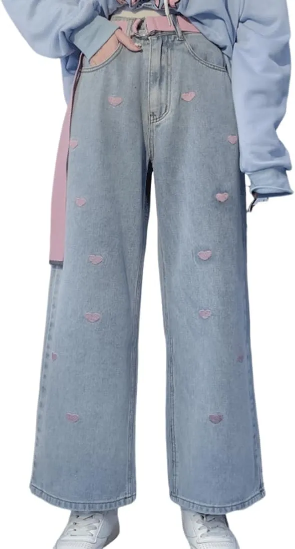 Harajuku Goth Kawaii Aesthetic Casual High Waisted Straight Wide Leg Vintage Pink Heart Embroidery Jean Pants