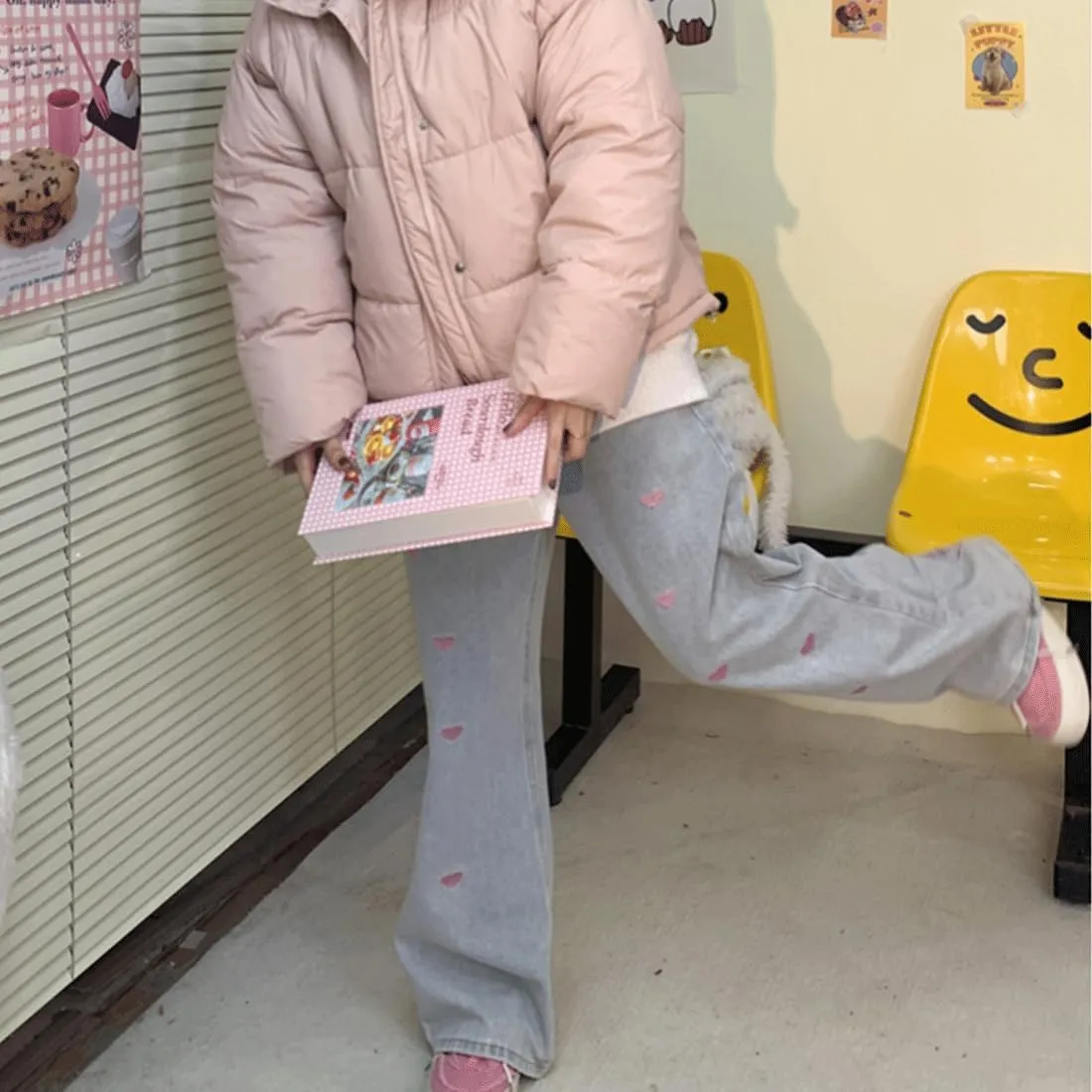 Harajuku Goth Kawaii Aesthetic Casual High Waisted Straight Wide Leg Vintage Pink Heart Embroidery Jean Pants