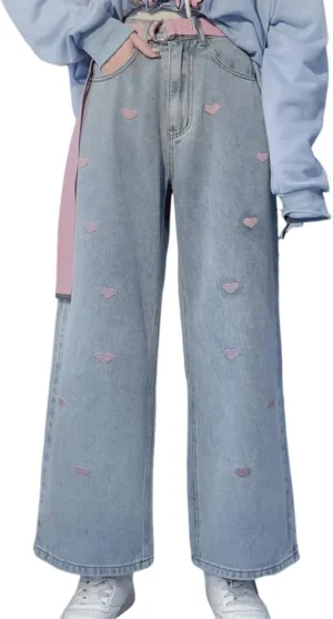 Harajuku Goth Kawaii Aesthetic Casual High Waisted Straight Wide Leg Vintage Pink Heart Embroidery Jean Pants