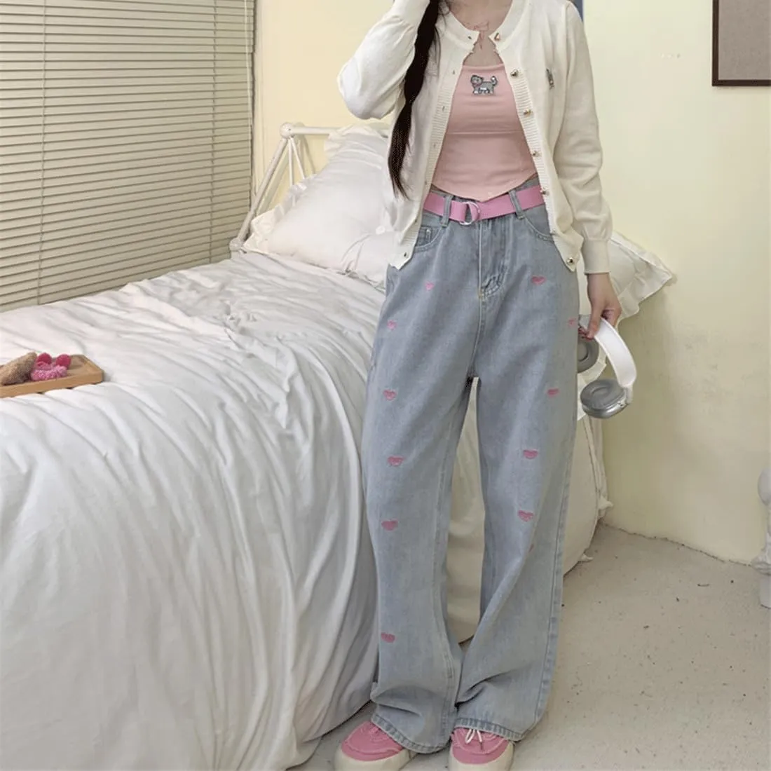 Harajuku Goth Kawaii Aesthetic Casual High Waisted Straight Wide Leg Vintage Pink Heart Embroidery Jean Pants