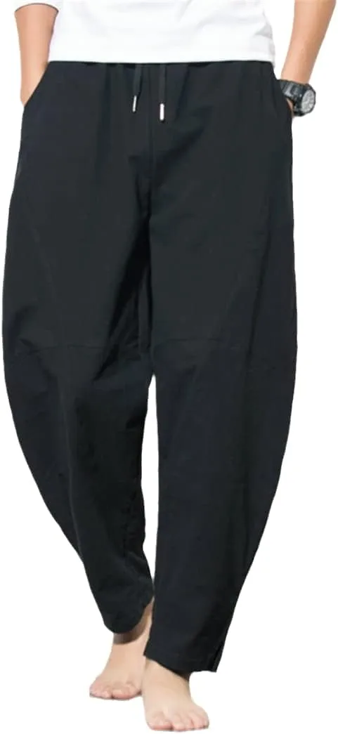 Harem Pants Men's Cotton Linen Loose Pants Male Casual Solid Color Pants Trousers Chinese Style Plus Size Sweatpants Black 4XL