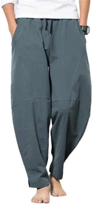Harem Pants Men's Cotton Linen Loose Pants Male Casual Solid Color Pants Trousers Chinese Style Plus Size Sweatpants Grey Green XXXL