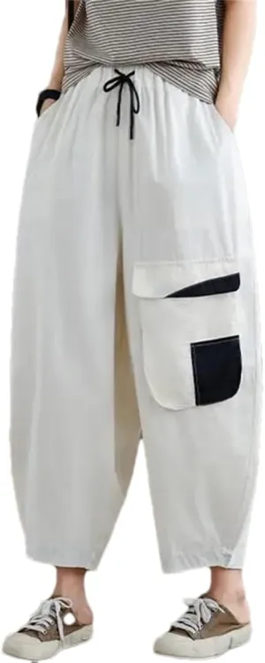 Hndudnff Women Patchwork Casual Harem Pants Streetwear Big Pocket Loose Ankle-Length Casual Pants