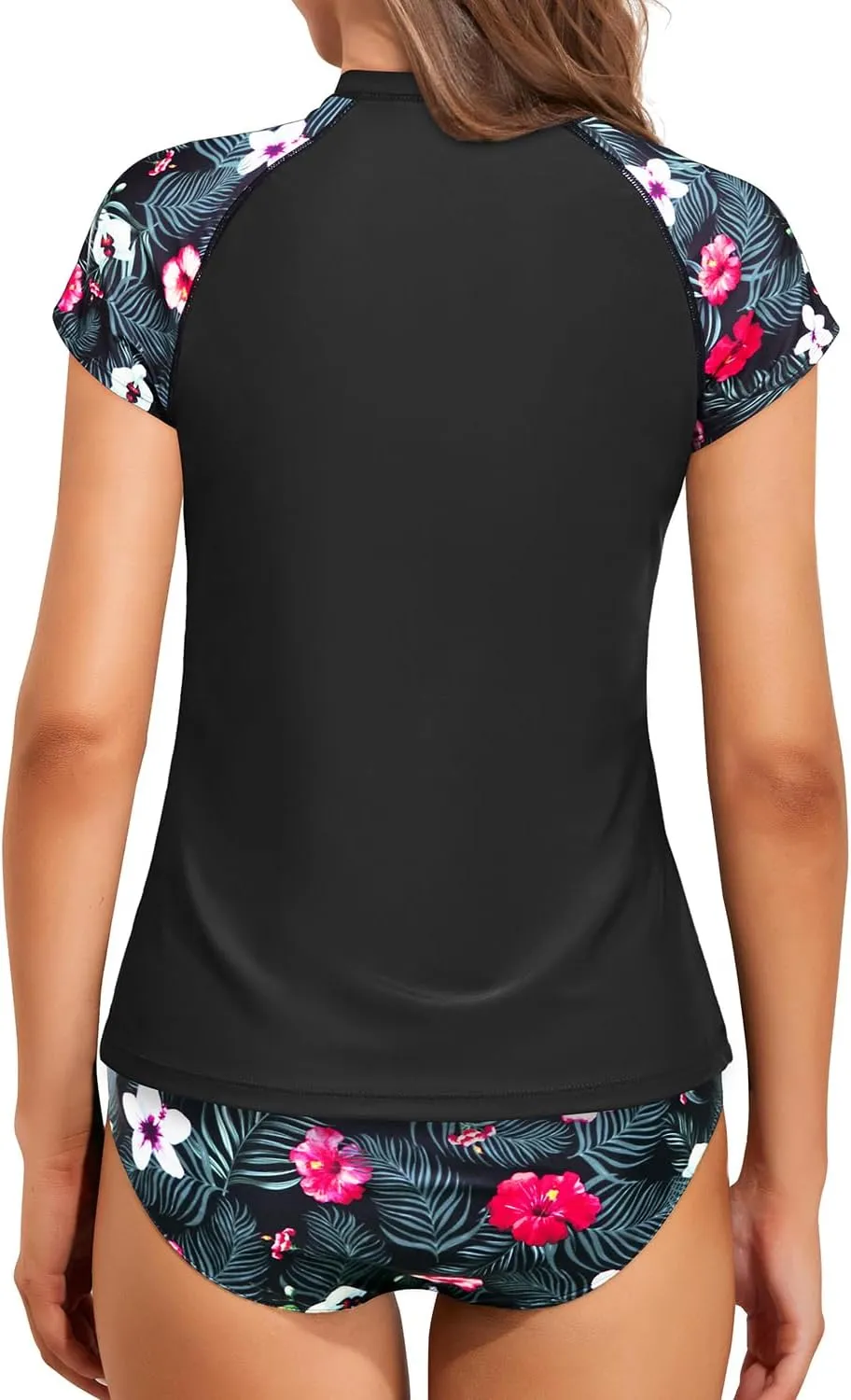 Holipick Two Piece Short Sleeved Rash Guard Cap Sleeve Bathing Suit Zipper Swimsuit Bulid in Bra Swim Shirt Women