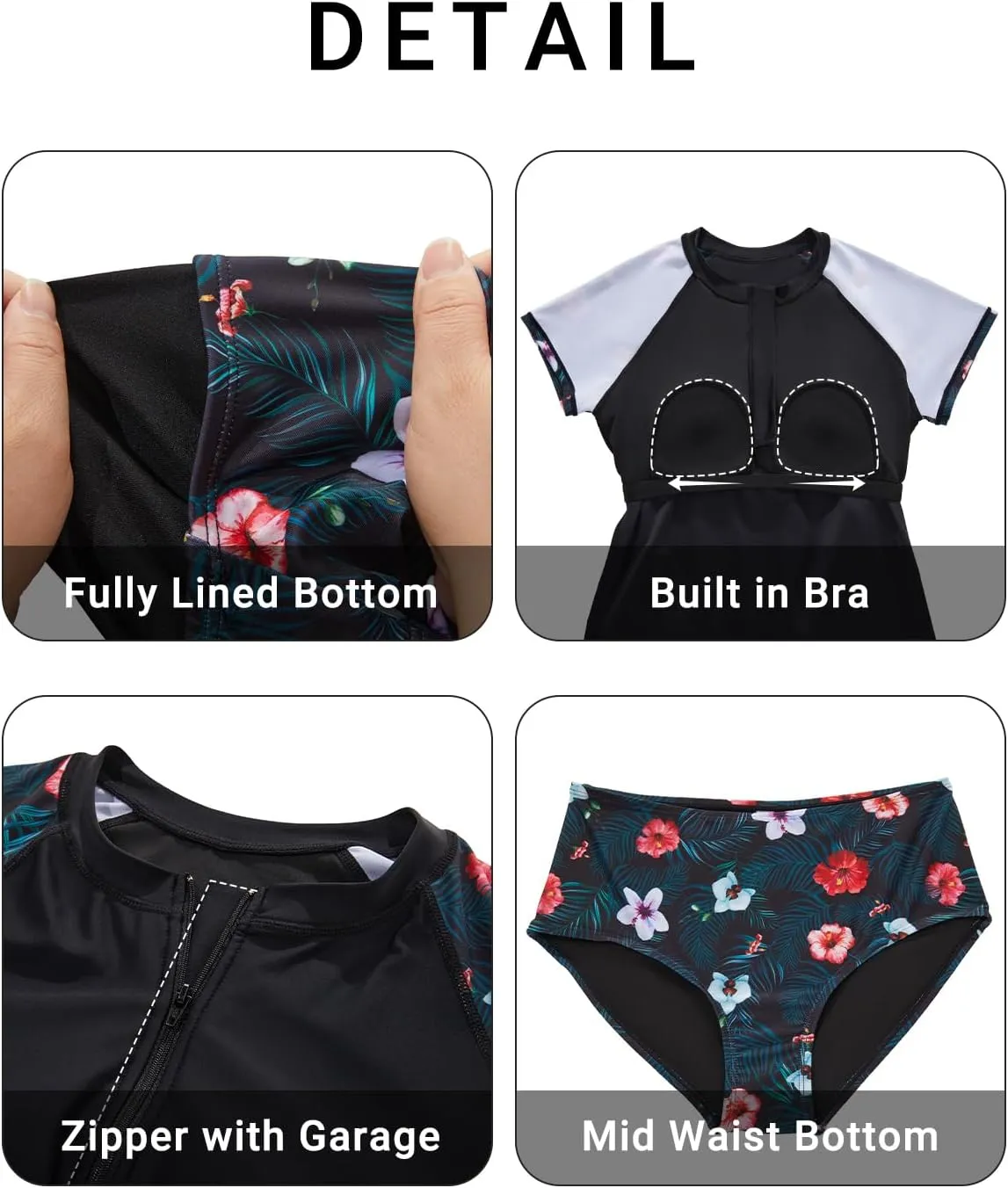 Holipick Two Piece Short Sleeved Rash Guard Cap Sleeve Bathing Suit Zipper Swimsuit Bulid in Bra Swim Shirt Women