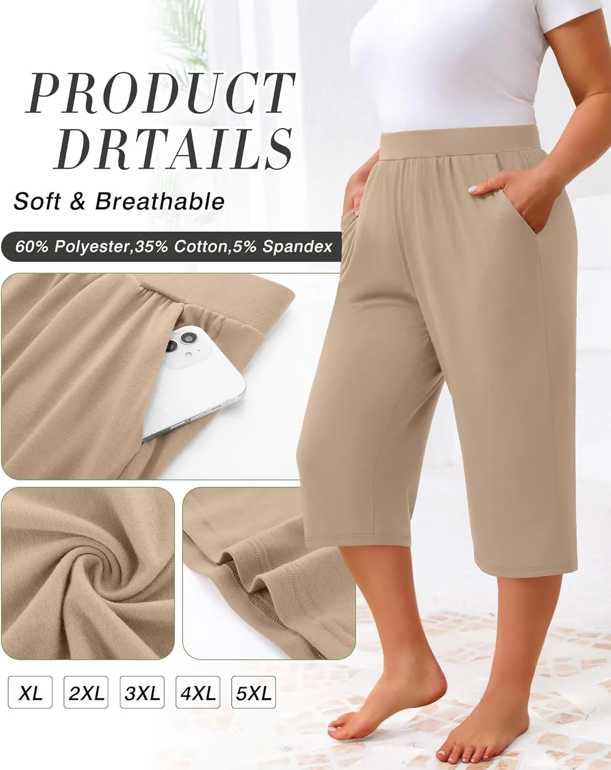 Huukeay 3 Pack Women's Plus Size Capri Pants, Cotton Wide Leg Capris Sweatpants Summer Loose Cropped Yoga Pants with Pockets