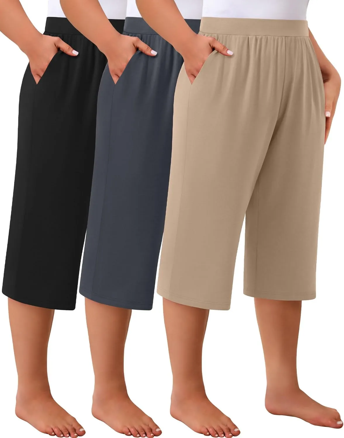 Huukeay 3 Pack Women's Plus Size Capri Pants, Cotton Wide Leg Capris Sweatpants Summer Loose Cropped Yoga Pants with Pockets