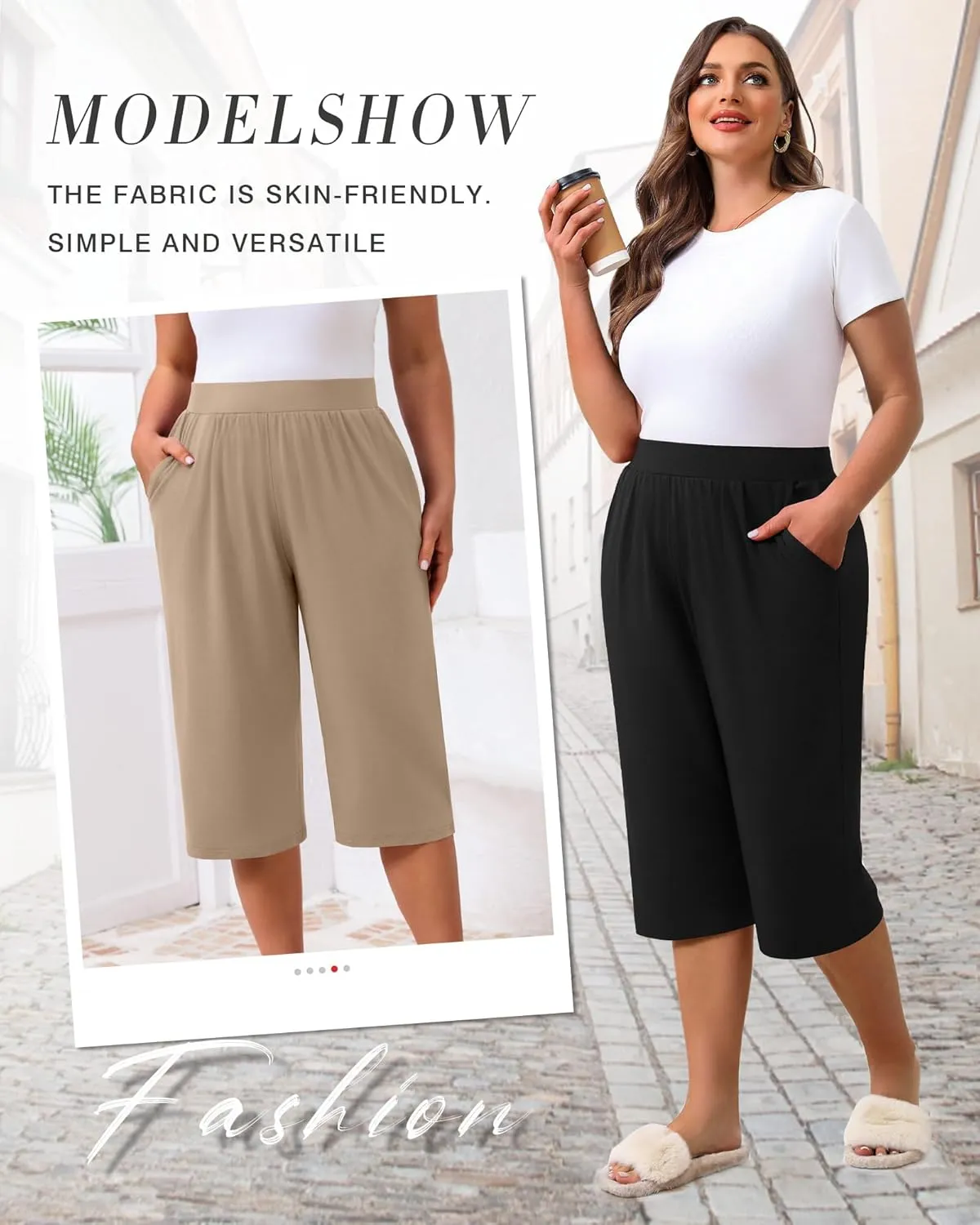 Huukeay 3 Pack Women's Plus Size Capri Pants, Cotton Wide Leg Capris Sweatpants Summer Loose Cropped Yoga Pants with Pockets