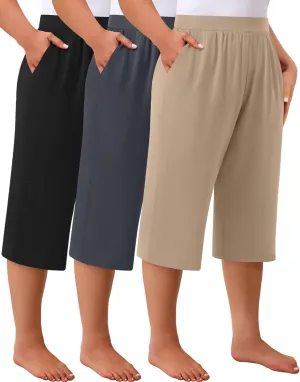 Huukeay 3 Pack Women's Plus Size Capri Pants, Cotton Wide Leg Capris Sweatpants Summer Loose Cropped Yoga Pants with Pockets