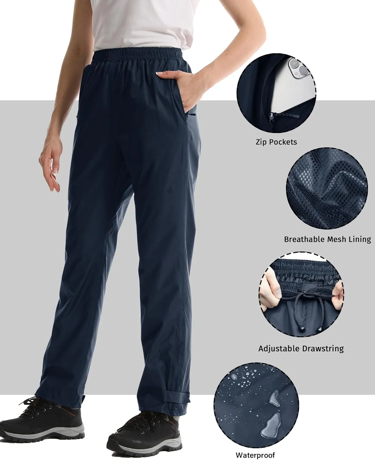 iCreek Women's Rain Pants Waterproof Rain Over Pants Hiking Pants Windproof Lightweight Outdoor for Golf, Fishing