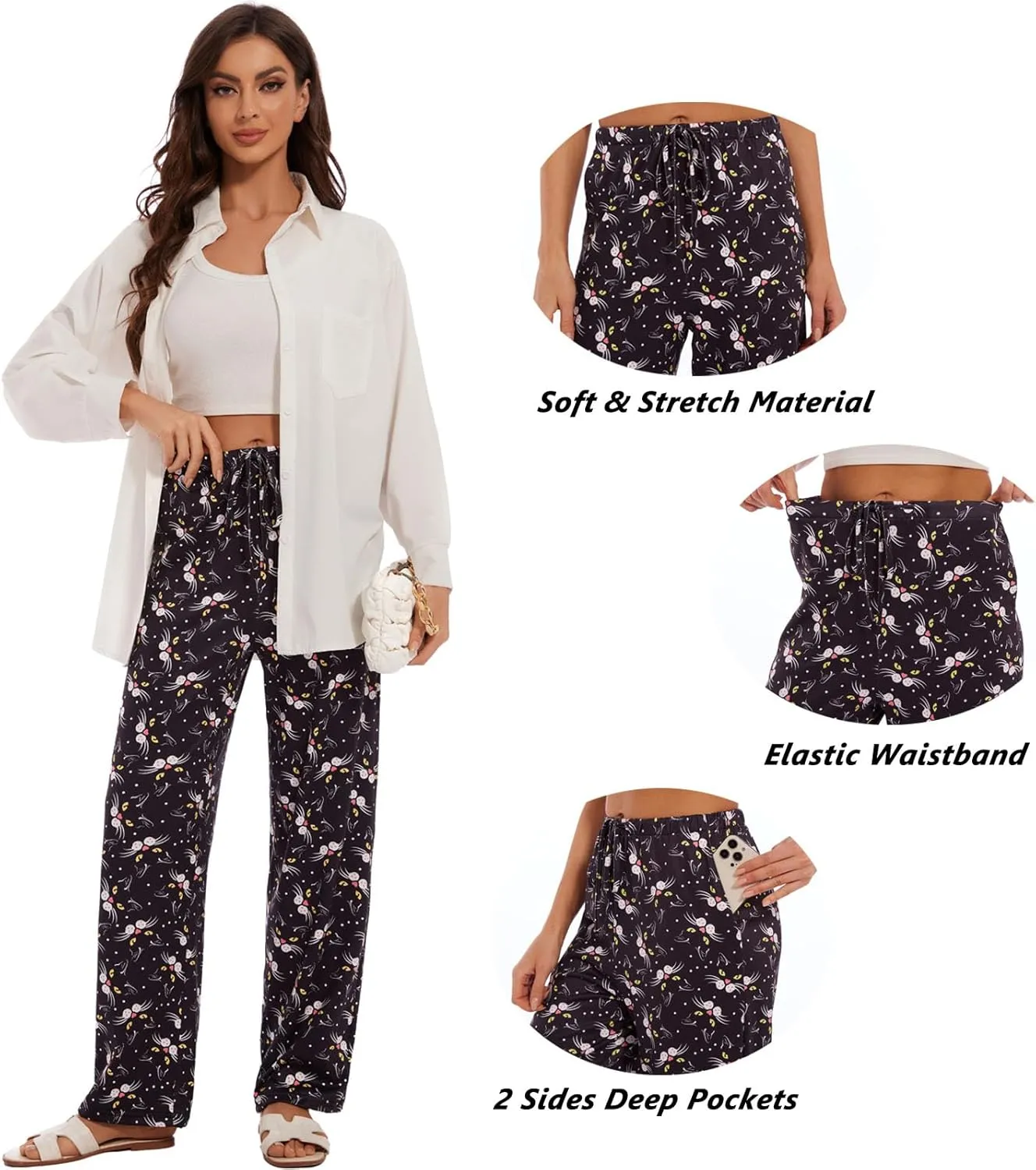 iniber Comfy Pajama Pants for Women Stretch Drawstring Lounge Pants with Pockets Casual Wide Leg Pjs Bottoms