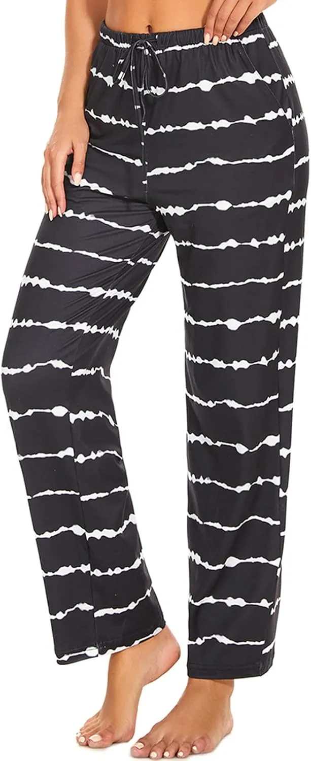 iniber Comfy Pajama Pants for Women Stretch Drawstring Lounge Pants with Pockets Casual Wide Leg Pjs Bottoms