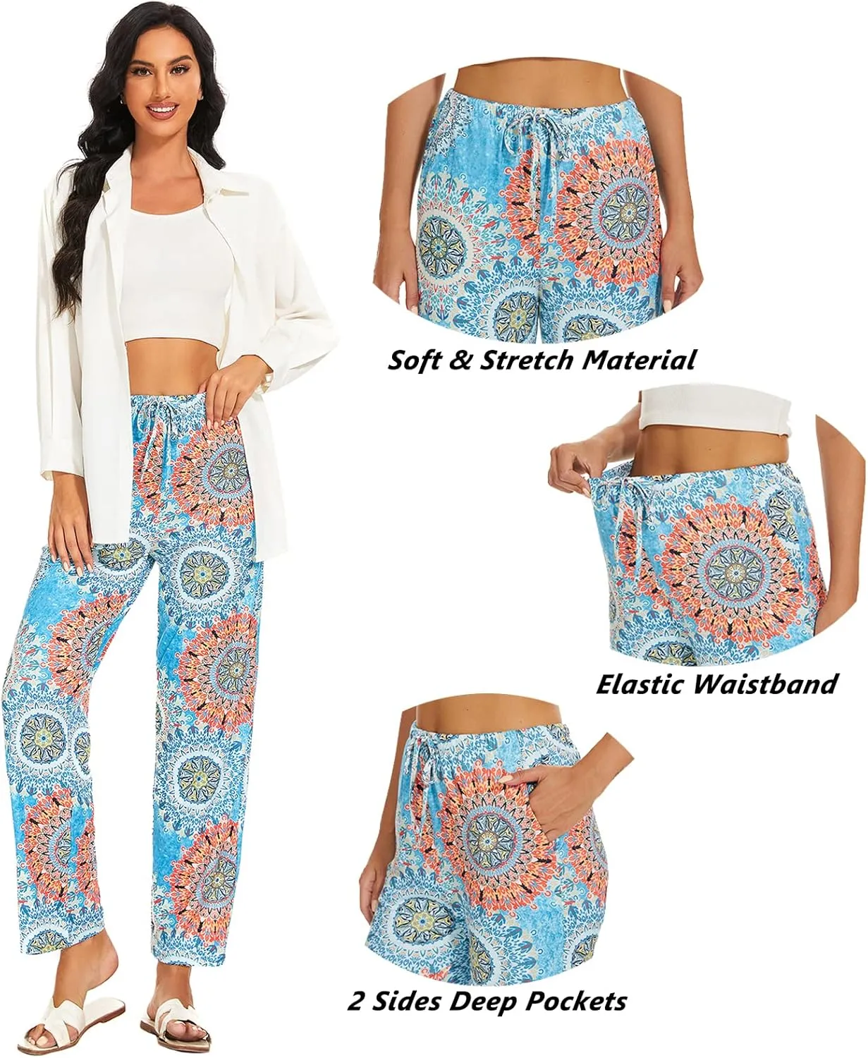 iniber Comfy Pajama Pants for Women Stretch Drawstring Lounge Pants with Pockets Casual Wide Leg Pjs Bottoms