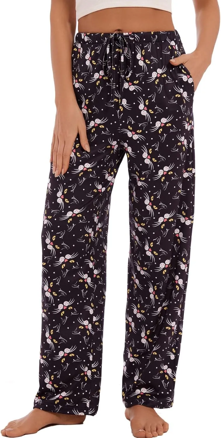 iniber Comfy Pajama Pants for Women Stretch Drawstring Lounge Pants with Pockets Casual Wide Leg Pjs Bottoms