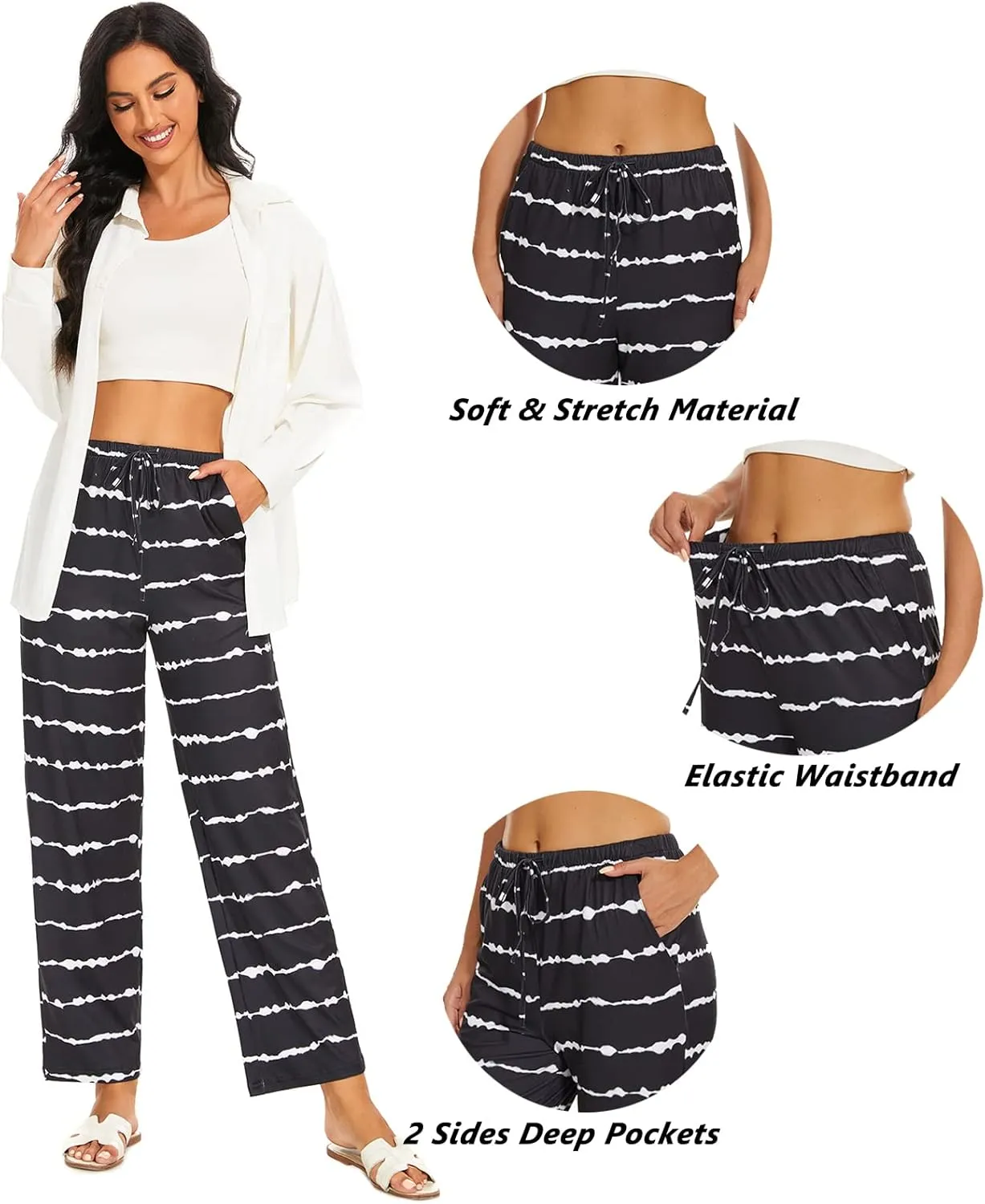 iniber Comfy Pajama Pants for Women Stretch Drawstring Lounge Pants with Pockets Casual Wide Leg Pjs Bottoms