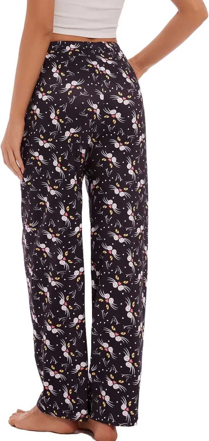 iniber Comfy Pajama Pants for Women Stretch Drawstring Lounge Pants with Pockets Casual Wide Leg Pjs Bottoms