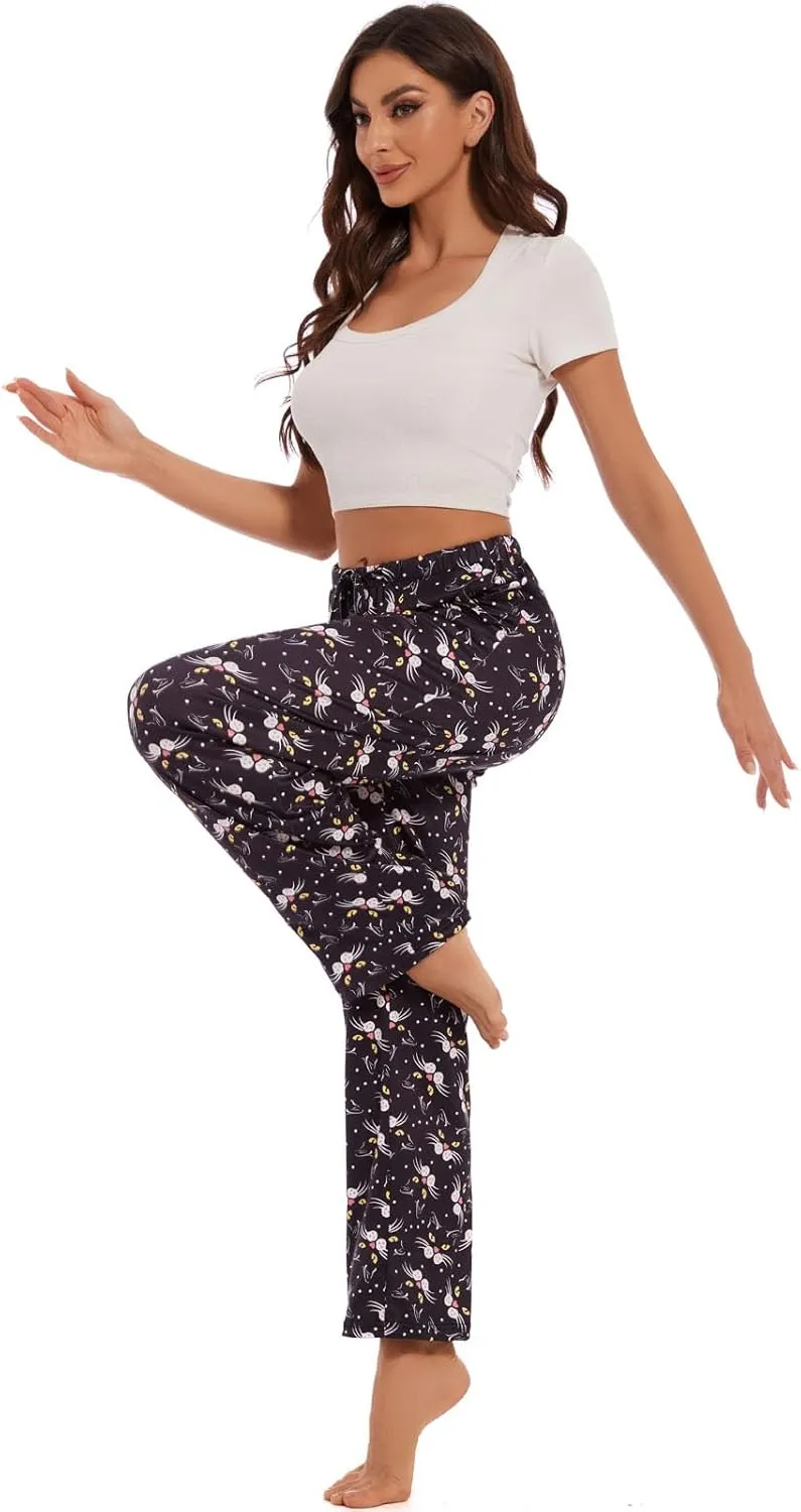 iniber Comfy Pajama Pants for Women Stretch Drawstring Lounge Pants with Pockets Casual Wide Leg Pjs Bottoms