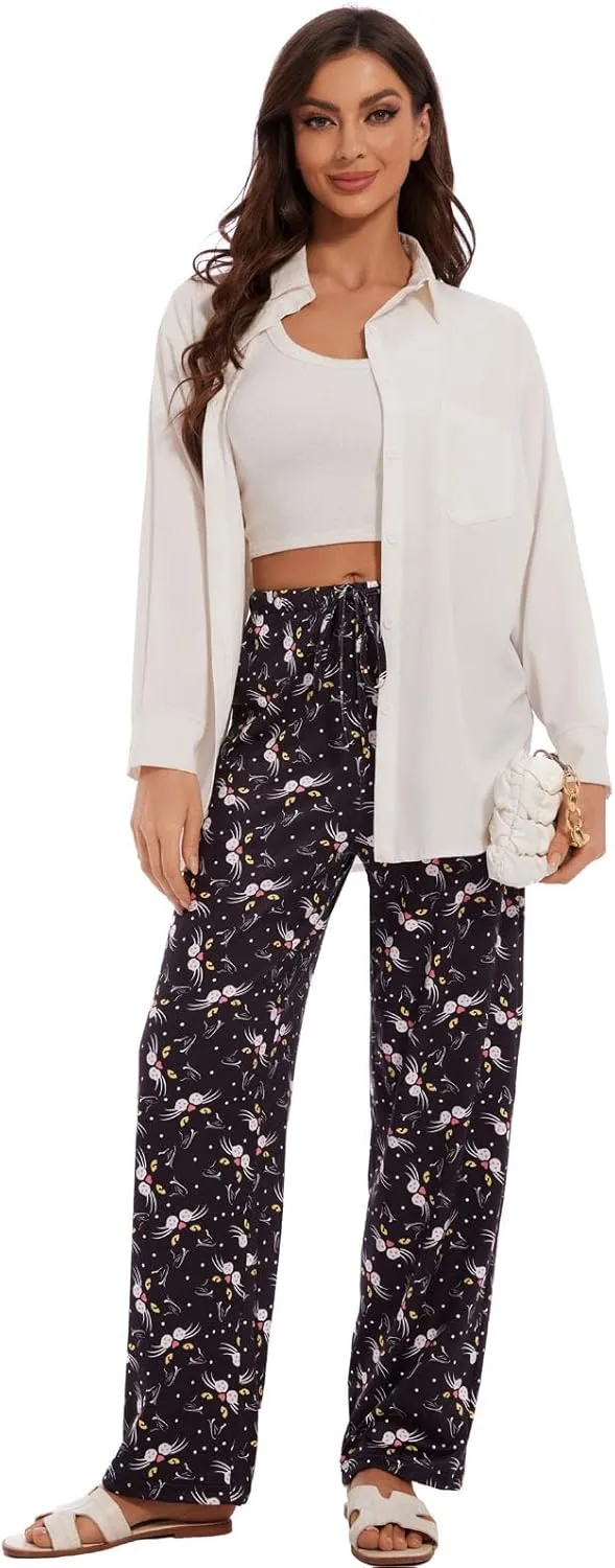 iniber Comfy Pajama Pants for Women Stretch Drawstring Lounge Pants with Pockets Casual Wide Leg Pjs Bottoms