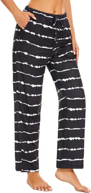 iniber Comfy Pajama Pants for Women Stretch Drawstring Lounge Pants with Pockets Casual Wide Leg Pjs Bottoms