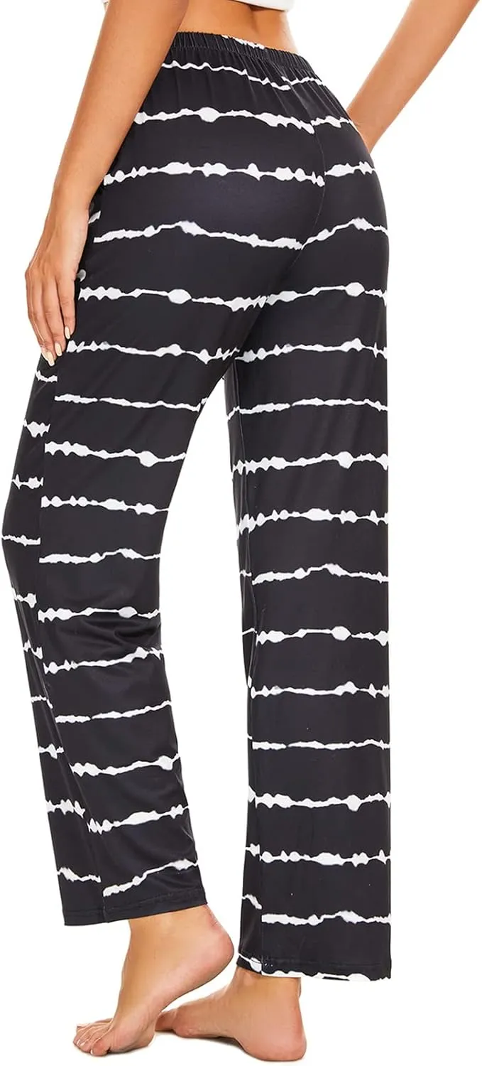 iniber Comfy Pajama Pants for Women Stretch Drawstring Lounge Pants with Pockets Casual Wide Leg Pjs Bottoms