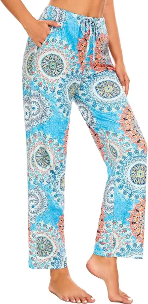 iniber Comfy Pajama Pants for Women Stretch Drawstring Lounge Pants with Pockets Casual Wide Leg Pjs Bottoms