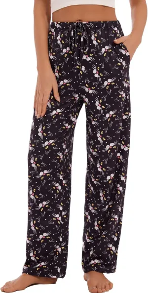 iniber Comfy Pajama Pants for Women Stretch Drawstring Lounge Pants with Pockets Casual Wide Leg Pjs Bottoms