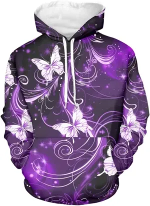 INSTANTARTS Purple Neon Butterfly Womens Fashion Hoodies Pullover Oversized Hooded Sweatshirt with Kangroo Pocket Long Sleeve Hooded Shirts Large Casual Fall Outfits