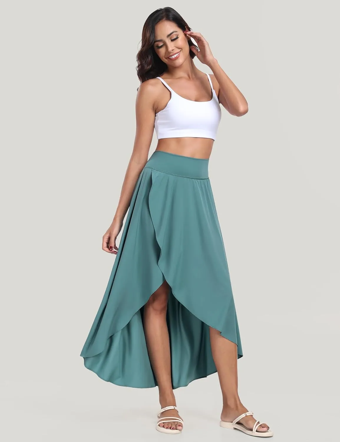 IUGA High Waist Maxi Skirt with Slit Ruffle Wrap Skirt Trendy Flowy Skirts for Women Long Skirts with Shorts Underneath