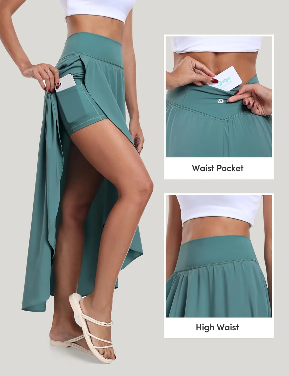 IUGA High Waist Maxi Skirt with Slit Ruffle Wrap Skirt Trendy Flowy Skirts for Women Long Skirts with Shorts Underneath