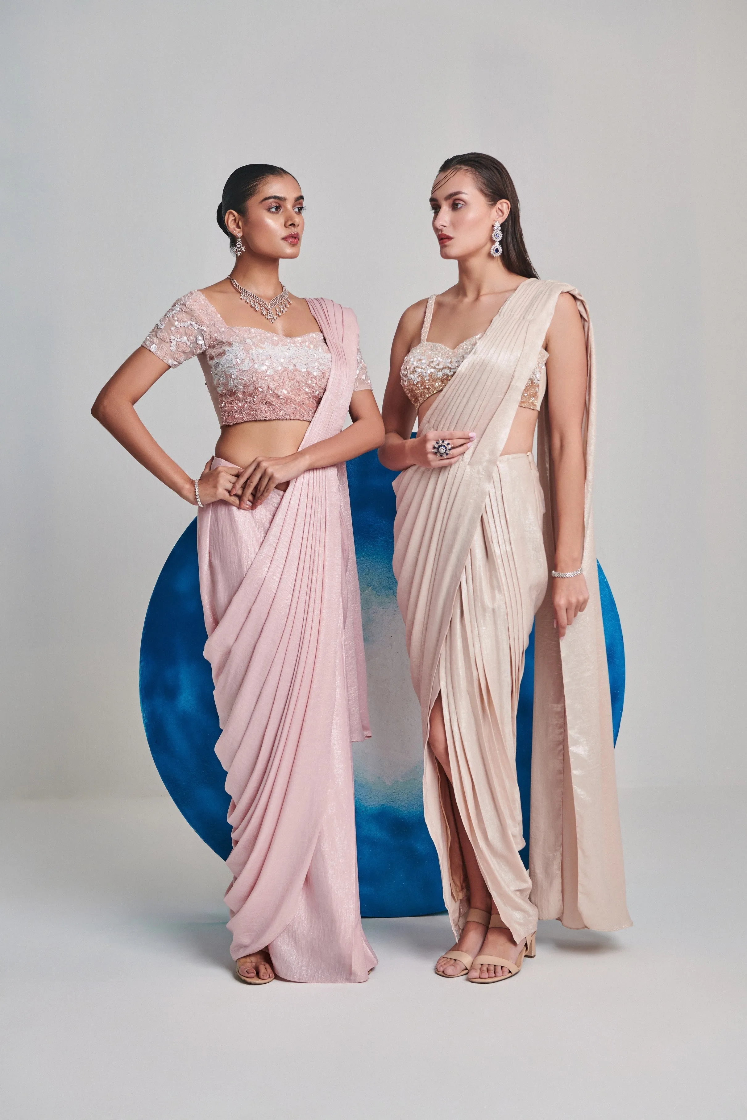 Ivory metallic foil hand pleated saree; ombre gradient hand embroidery