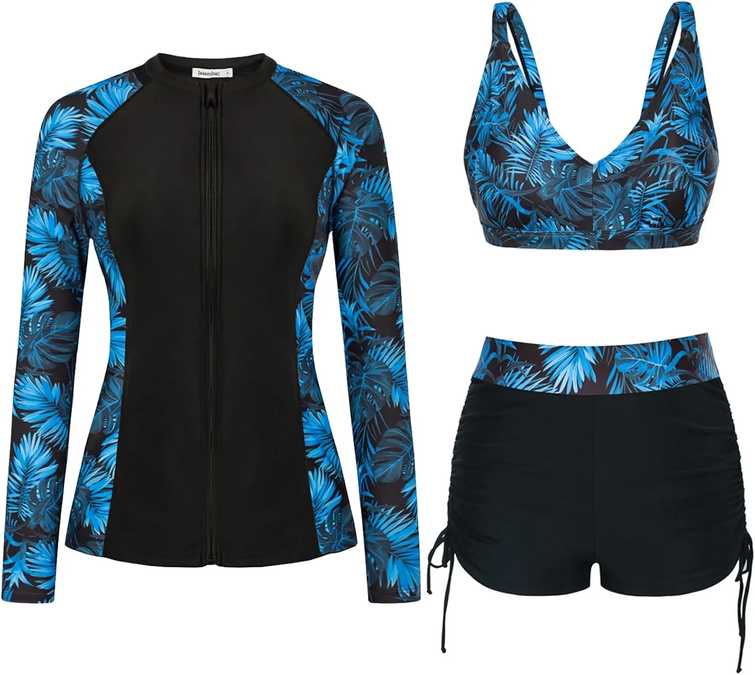 JASAMBAC Women 3 Piece Rash Guard Long Sleeve Zip Up Swimsuits with Boyshort UV UPF 50  Swim Shirt Built in Bra