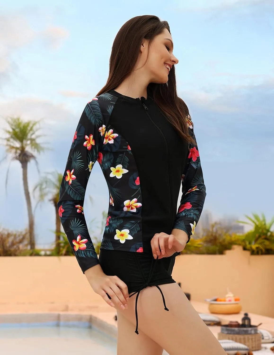 JASAMBAC Women 3 Piece Rash Guard Long Sleeve Zip Up Swimsuits with Boyshort UV UPF 50  Swim Shirt Built in Bra